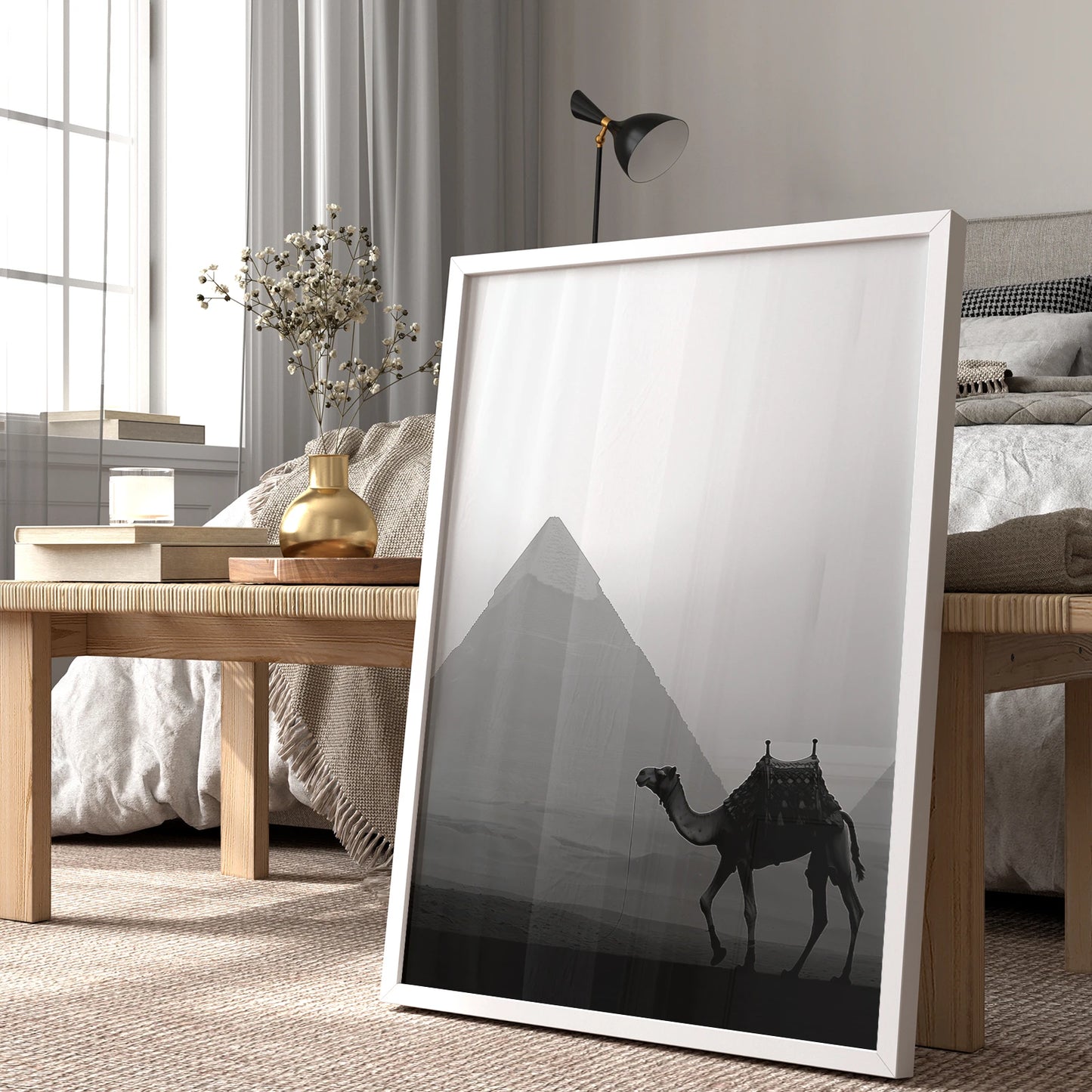 Minimalist black-and-white pyramid scene with camel, perfect Egypt travel wall art print