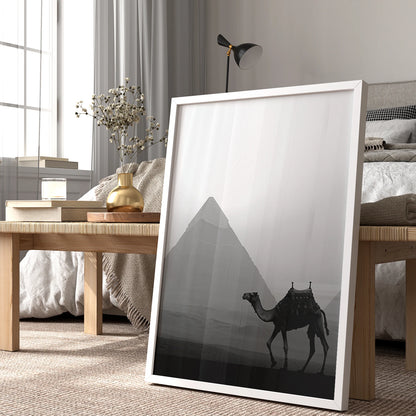 Minimalist black-and-white pyramid scene with camel, perfect Egypt travel wall art print