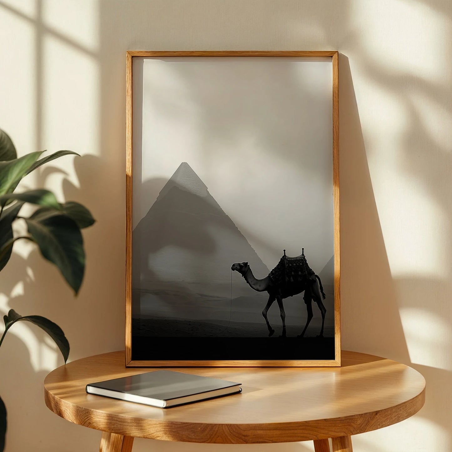 Camel journey in front of Giza Pyramids, striking black-and-white wall art for Ireland