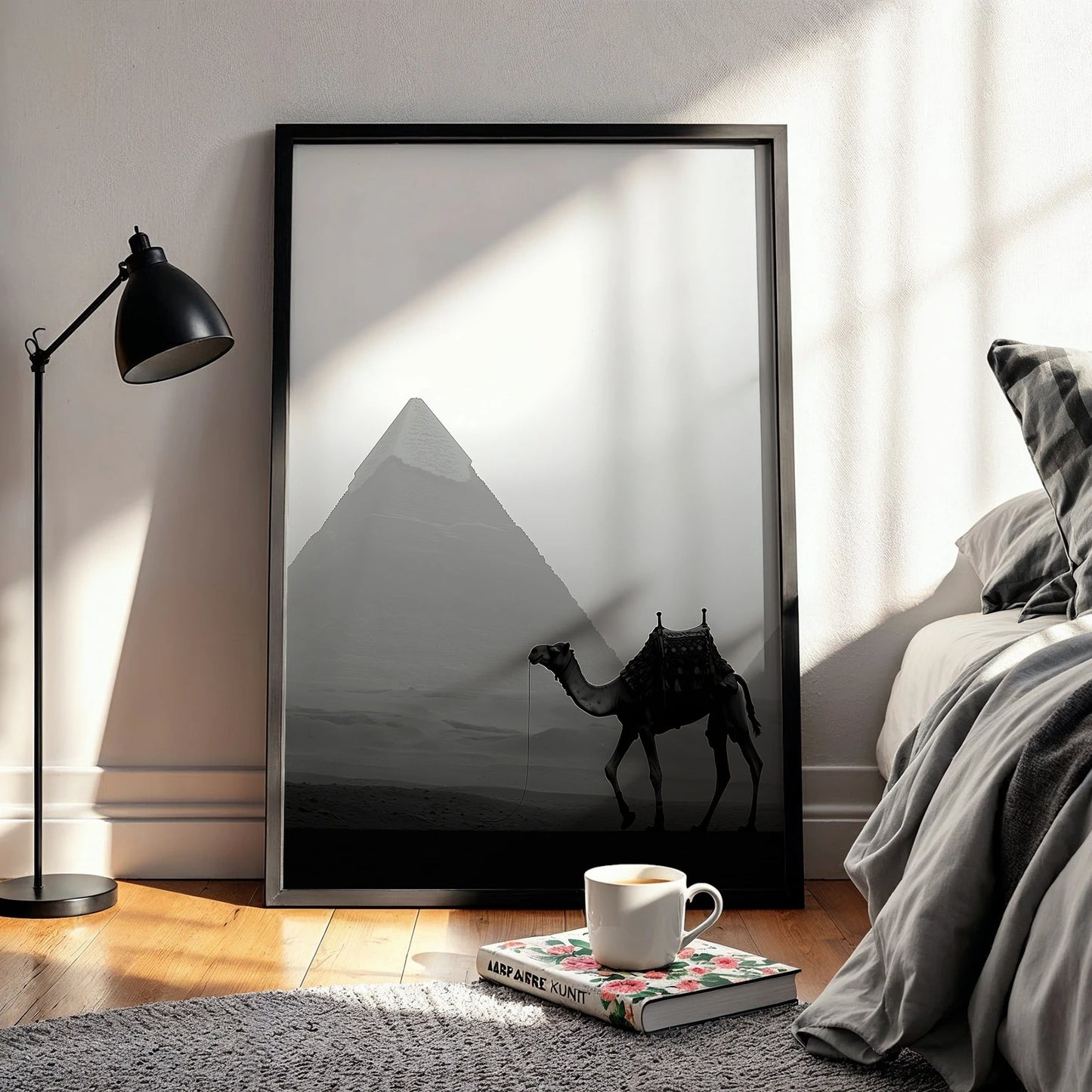 Serene desert landscape with camel and pyramid, an Egypt travel print for modern décor