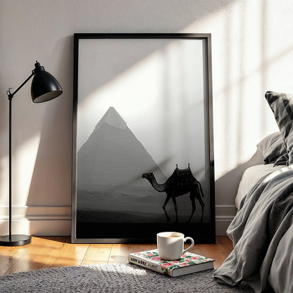 Serene desert landscape with camel and pyramid, an Egypt travel print for modern décor