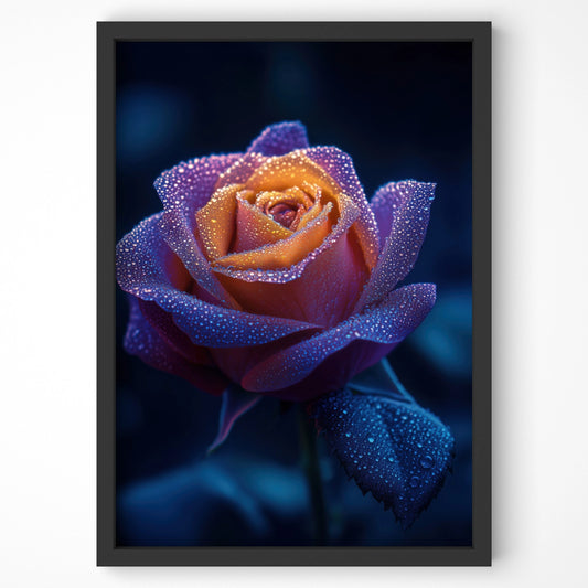 Dew-kissed rose wall art print with deep blue and golden hues, perfect for botanical home decor. High-quality framed artwork for elegant interiors.