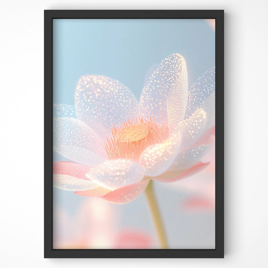 Framed Dewdrop Lotus Print in black frame, showcasing delicate pastel petals covered in dewdrops against a soft blue background. Elegant botanical wall art for home decor.