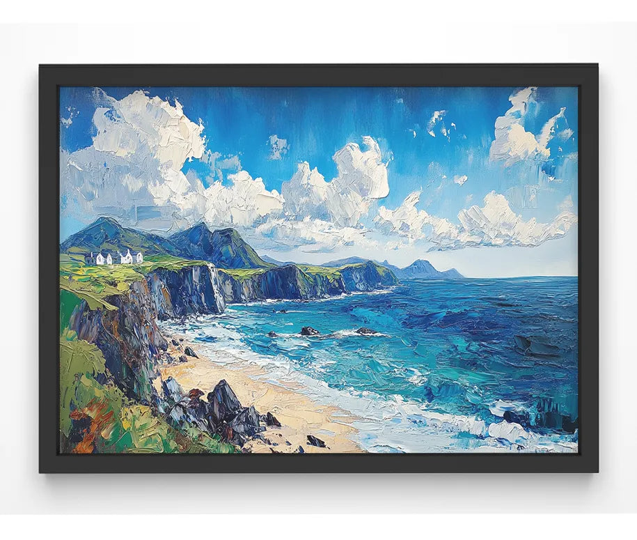 Dingle Coast Print featuring a vibrant seascape with rugged cliffs and a bright blue sky.