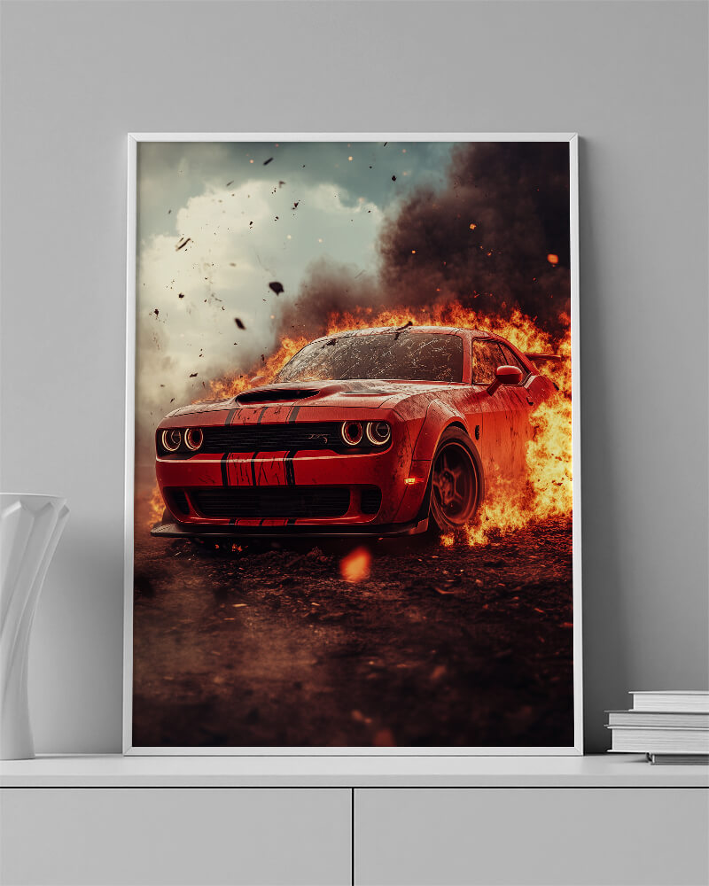 Dodge Challenger wall art featuring a red muscle car in motion with fiery effects.