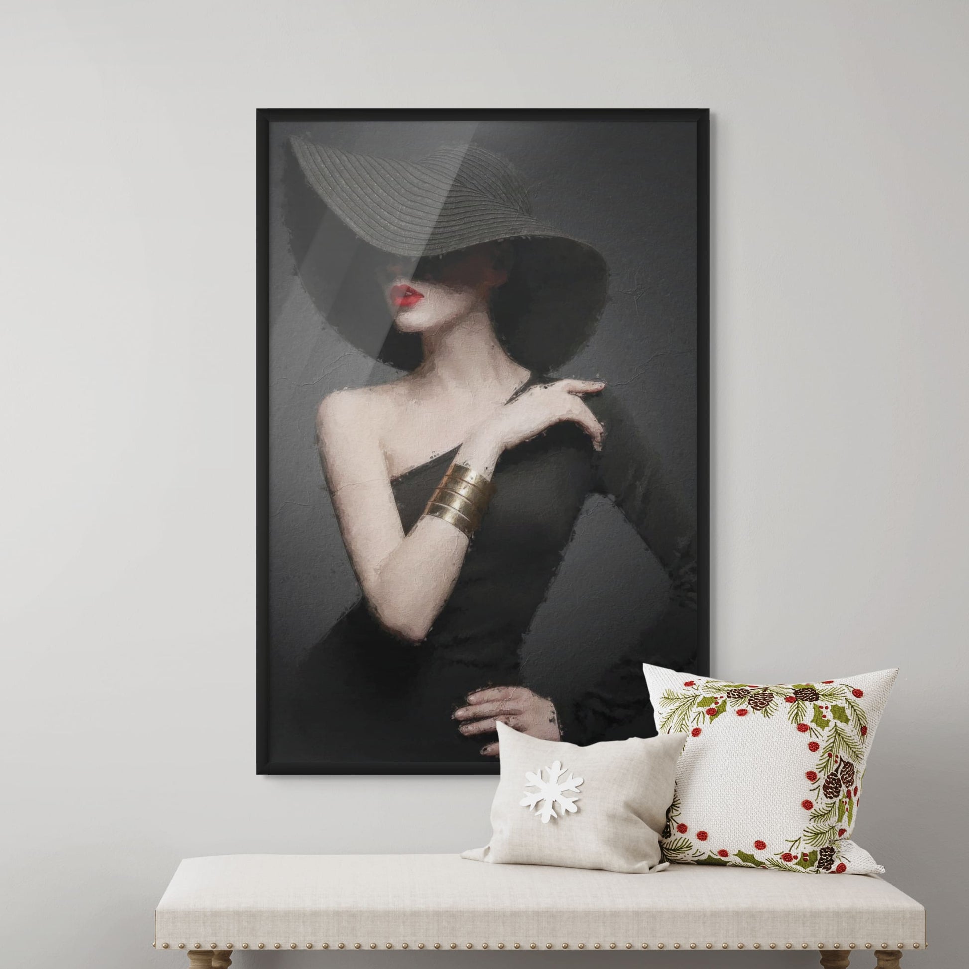 Dramatic fashion art print of a woman in a black hat.