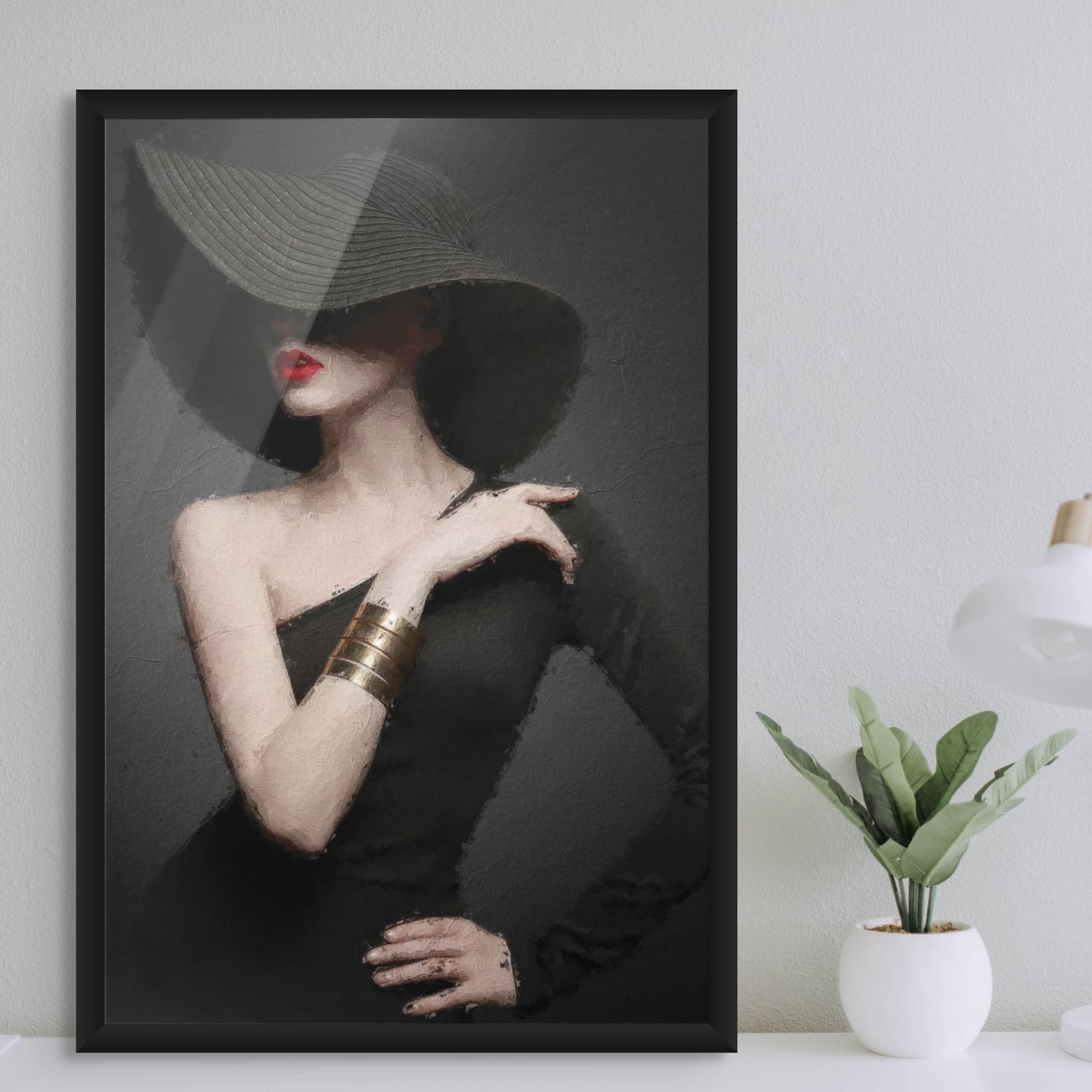 Sophisticated art print of a woman in a one-shoulder black dress.