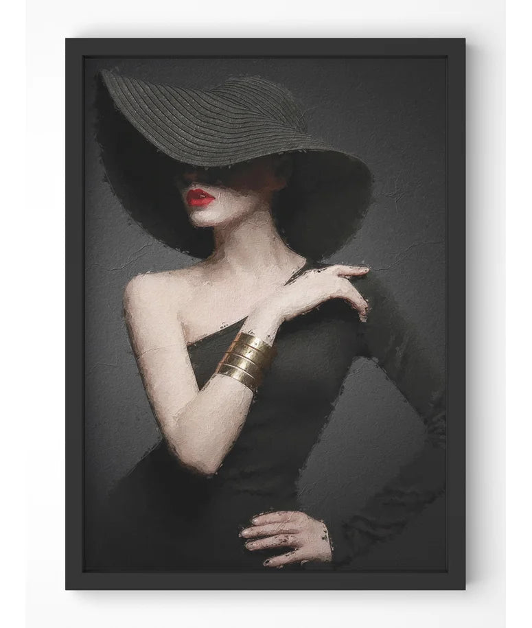 Artistic portrait with a mysterious and elegant vibe of a beautiful woman with black hat and red lipstick