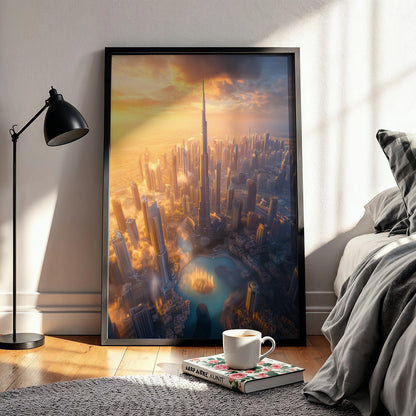 Dubai cityscape at sunset with the Burj Khalifa towering among modern skyscrapers against a warm golden sky, captured in a vibrant travel print.