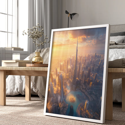 Golden-hued evening view of downtown Dubai with the Burj Khalifa under a radiant sunset sky, presented as a premium city skyline art print.