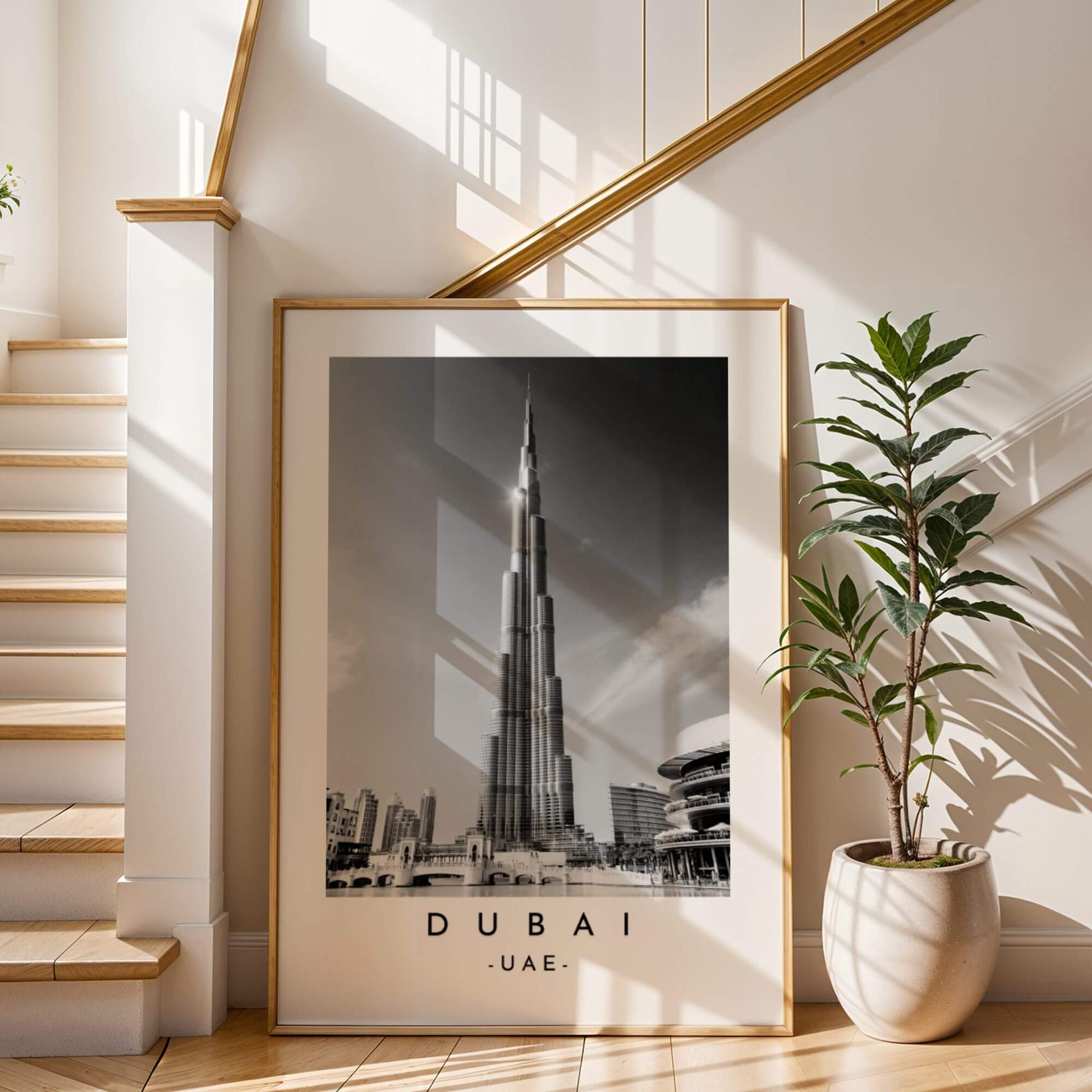 Monochrome Dubai travel print showcasing the iconic Burj Khalifa against a clear sky.
