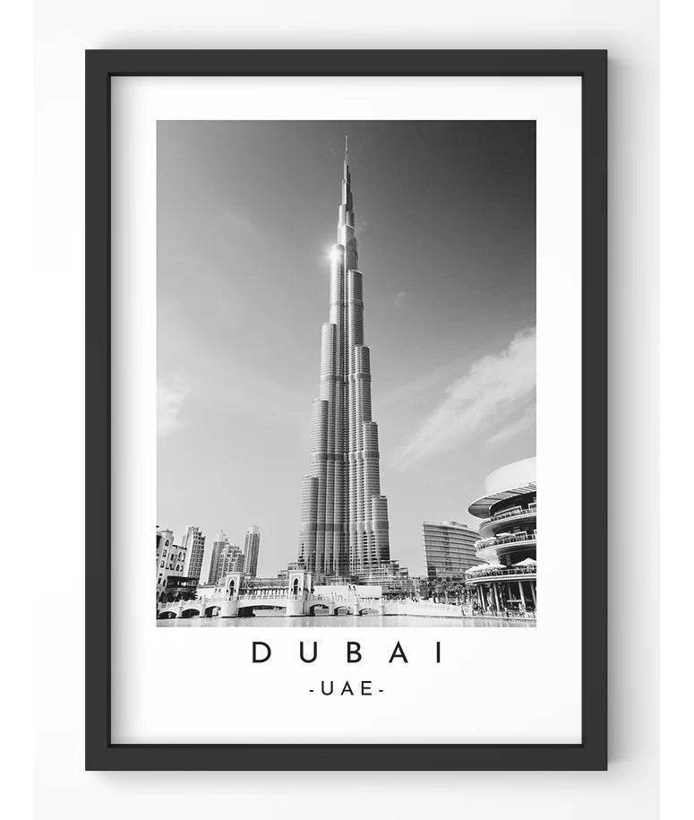 Black and white photograph of the Burj Khalifa, the world's tallest building, in Dubai, UAE.
