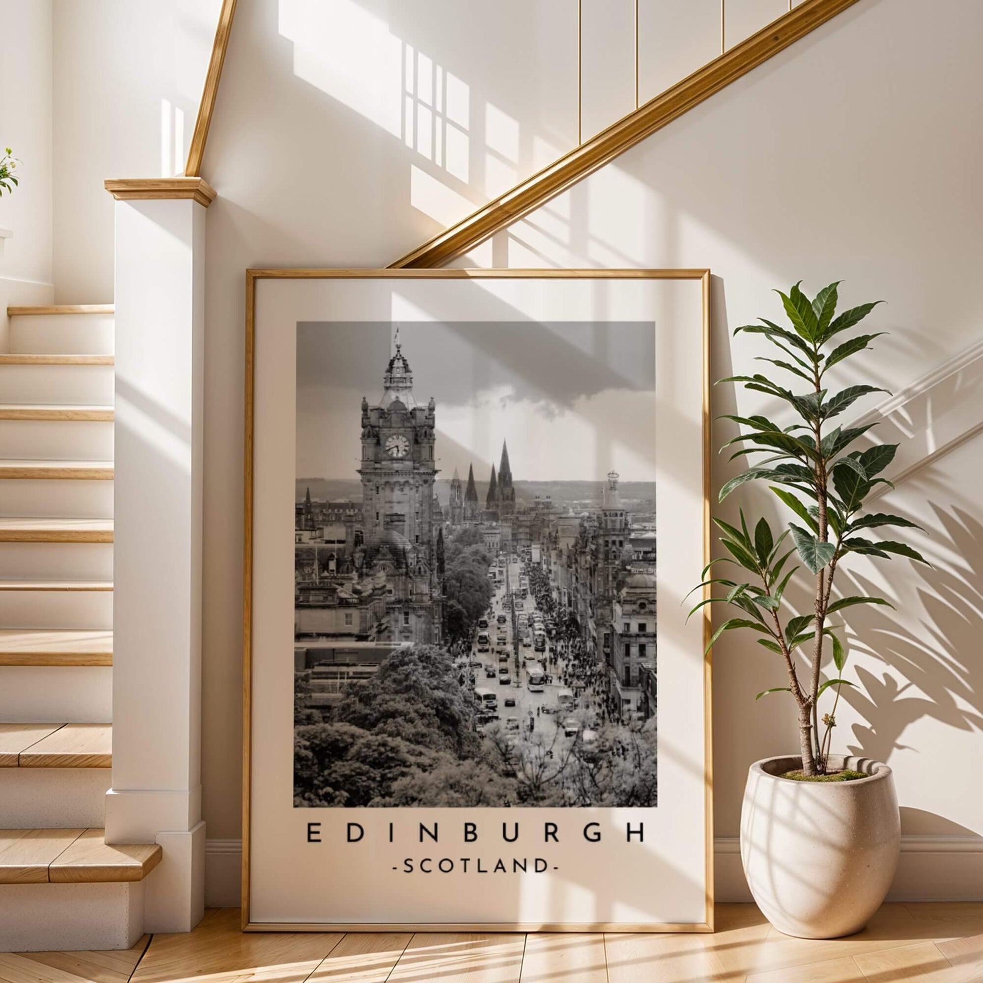 Striking black and white image of Edinburgh, featuring Princes Street and the iconic Edinburgh Castle, highlighting the city's architecture and atmosphere.
