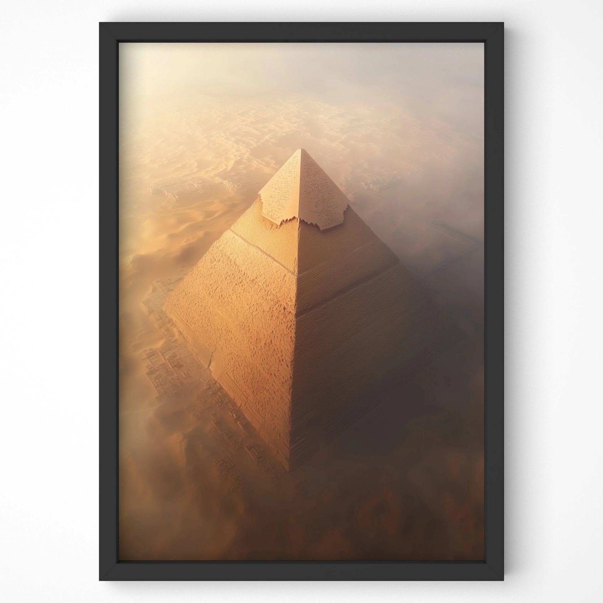 Close-up of the Egyptian pyramid travel wall art print in a modern frame
