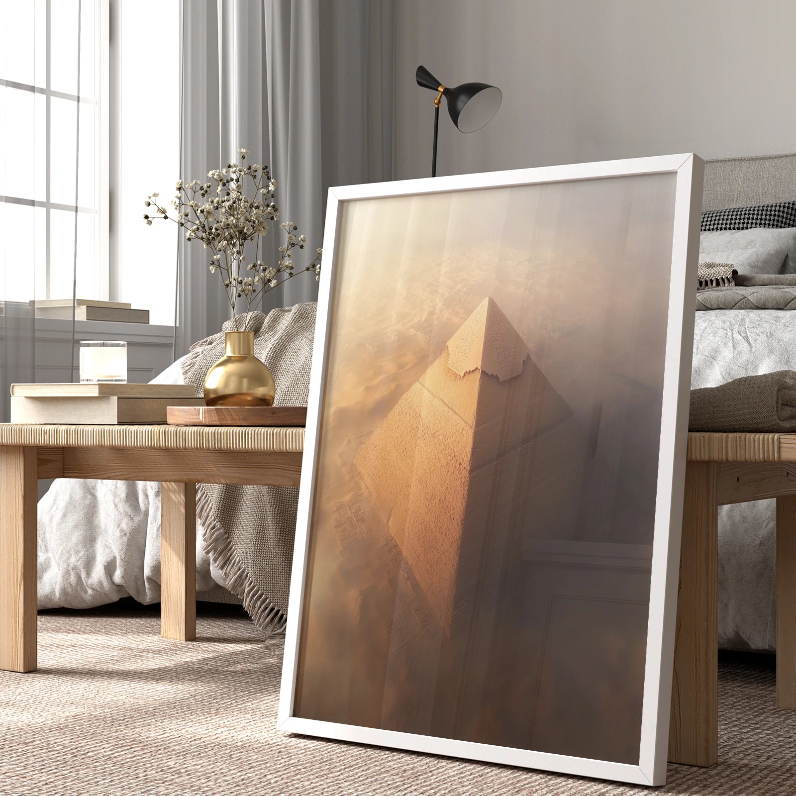 Egyptian pyramid sunset travel print framed as wall art in a cozy bedroom