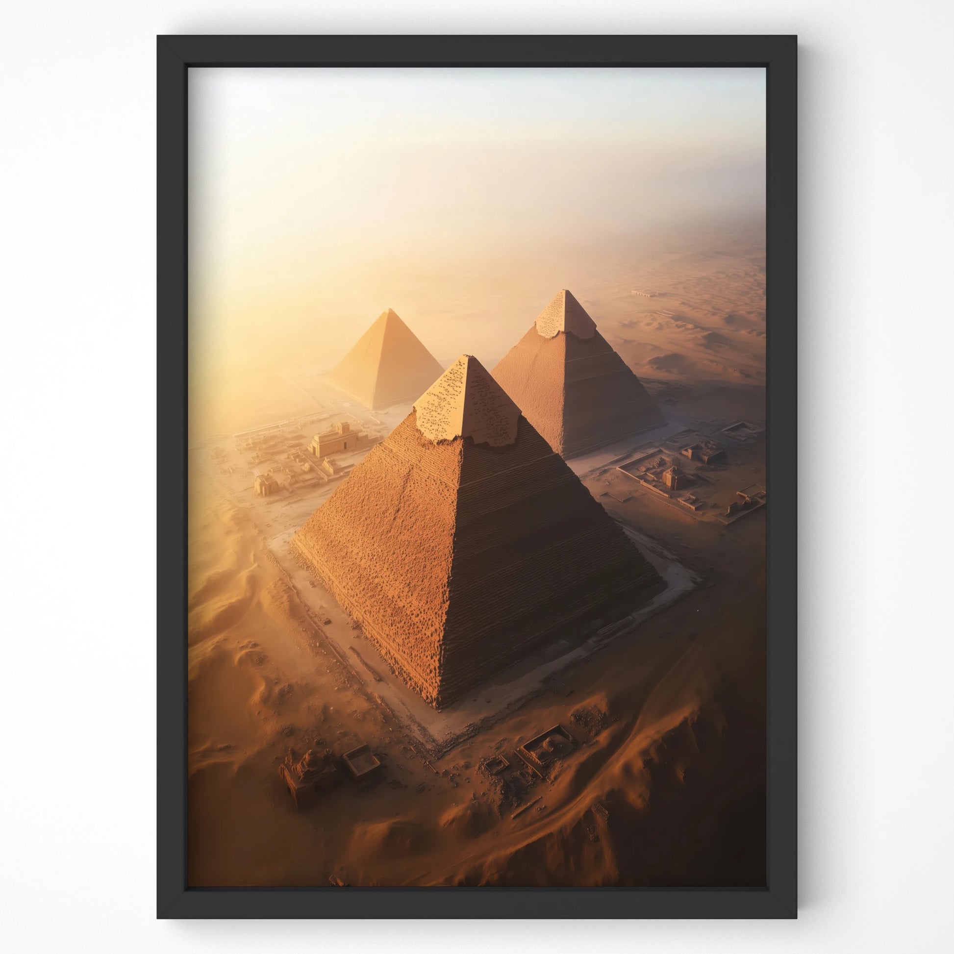 Aerial view of the Egyptian pyramids at sunrise, premium travel wall art by Artspot Ireland.