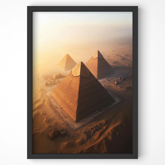 Aerial view of the Egyptian pyramids at sunrise, premium travel wall art by Artspot Ireland.