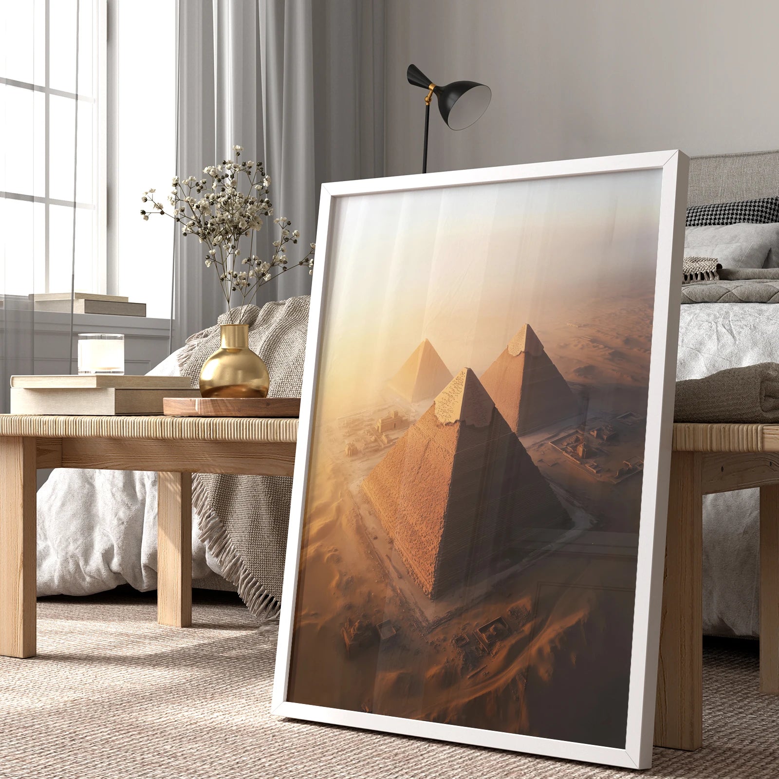 Framed pyramids print in warm desert tones, ideal for travel-inspired interiors.