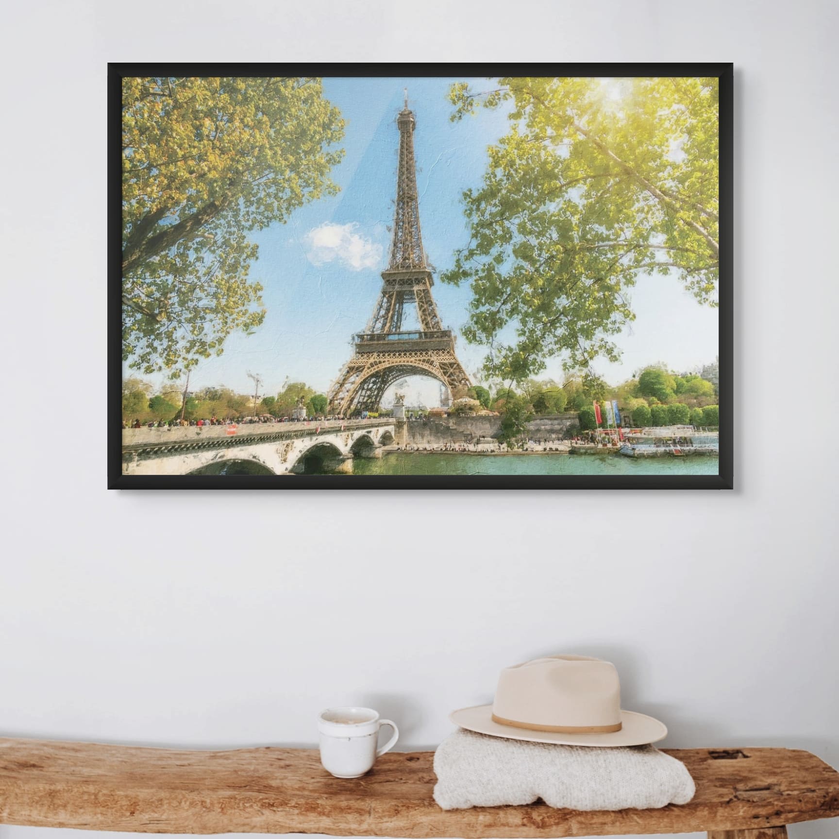 Eiffel Tower print with a blue sky backdrop

