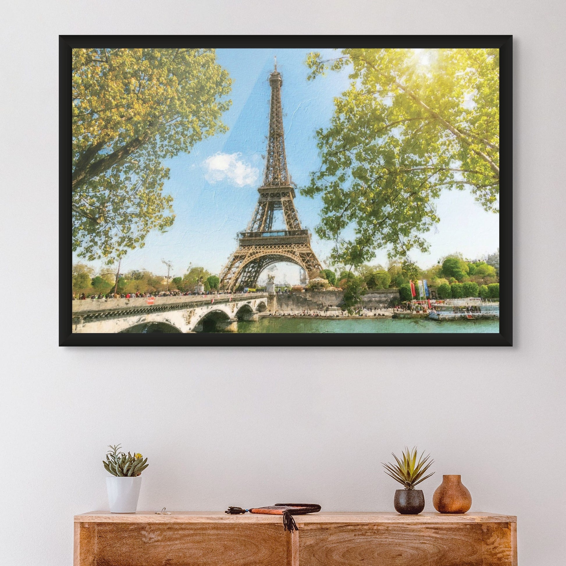 Detailed Eiffel Tower art print surrounded by green trees

