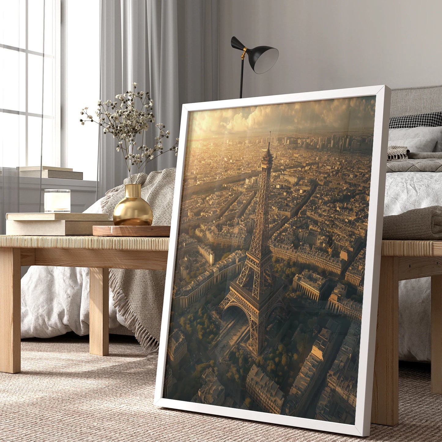 Framed Eiffel Tower print featuring a golden cityscape of Paris, ideal for travel-inspired home décor.