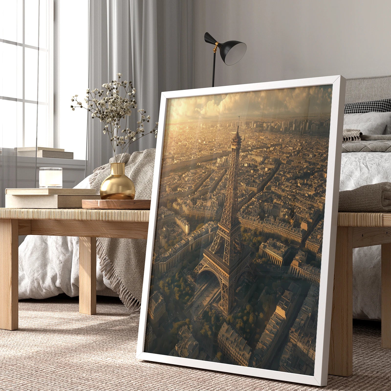 Framed Eiffel Tower print featuring a golden cityscape of Paris, ideal for travel-inspired home décor.
