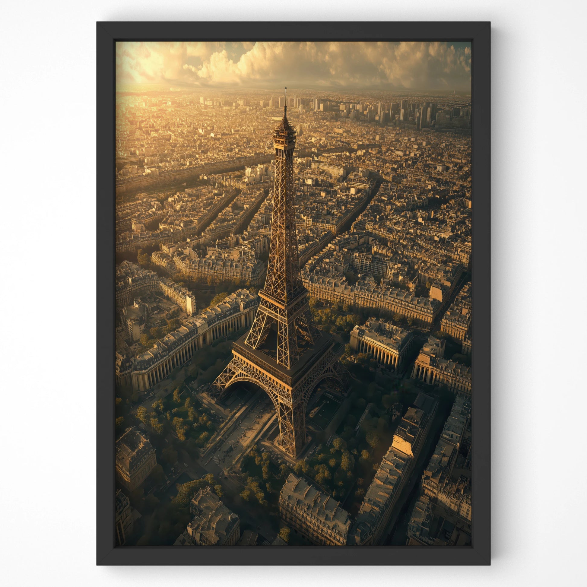 Aerial view of the Eiffel Tower in Paris during golden hour, premium travel wall art by Artspot Ireland.