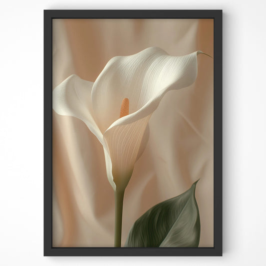 Elegant white calla lily against a soft neutral backdrop, captured in a fine-art botanical wall print.