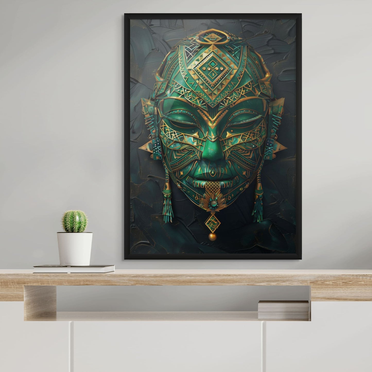 Decorative mask art print with emerald gems