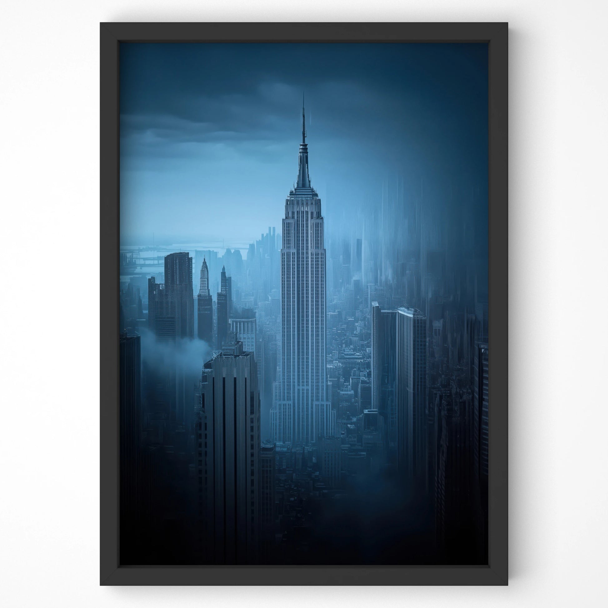 Empire State Building emerging from a foggy NYC skyline in cool blue tones, premium travel wall art
