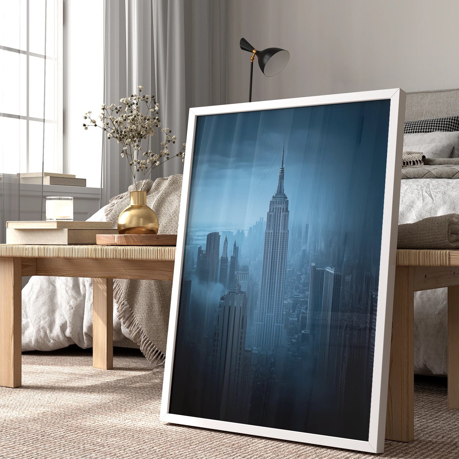Moody New York City skyline featuring the Empire State Building at dawn, ideal travel wall art print