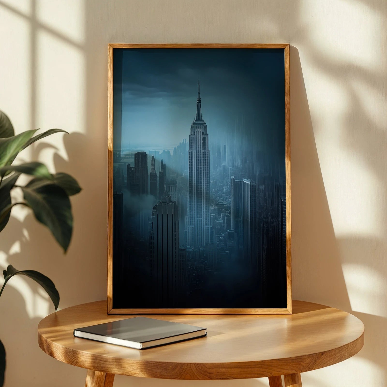Fog-shrouded skyscrapers of Manhattan captured in a serene, modern travel wall art piece