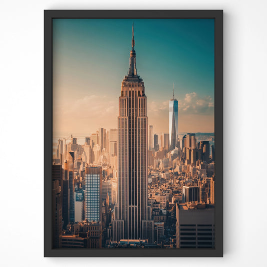 Empire State Building in New York City, captured against a soft sky, displayed as premium travel wall art.