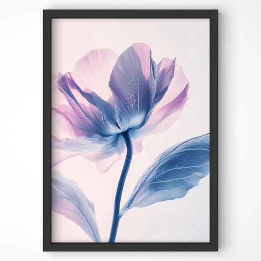 Ethereal Bloom botanical print in soft pink and blue hues, framed in black. Elegant wall art for modern interiors.