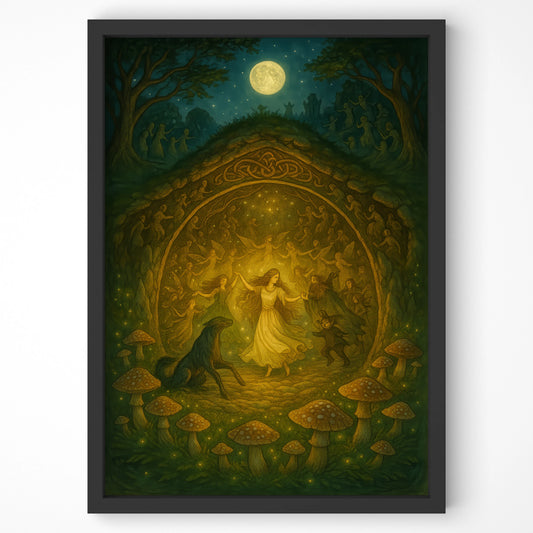 Detailed view of Faerie Court print, showing mystical figures, moonlight, and mushrooms in a dark black frame.