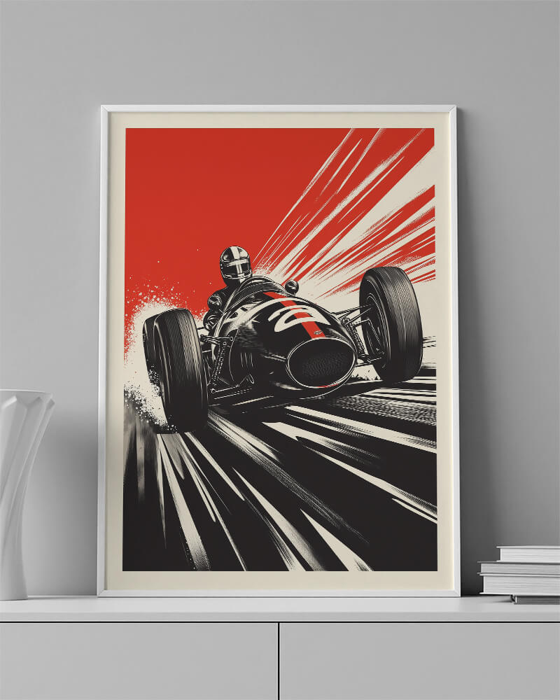 Ferrari 156 Sharknose wall art featuring a black vintage Formula 1 car in motion.