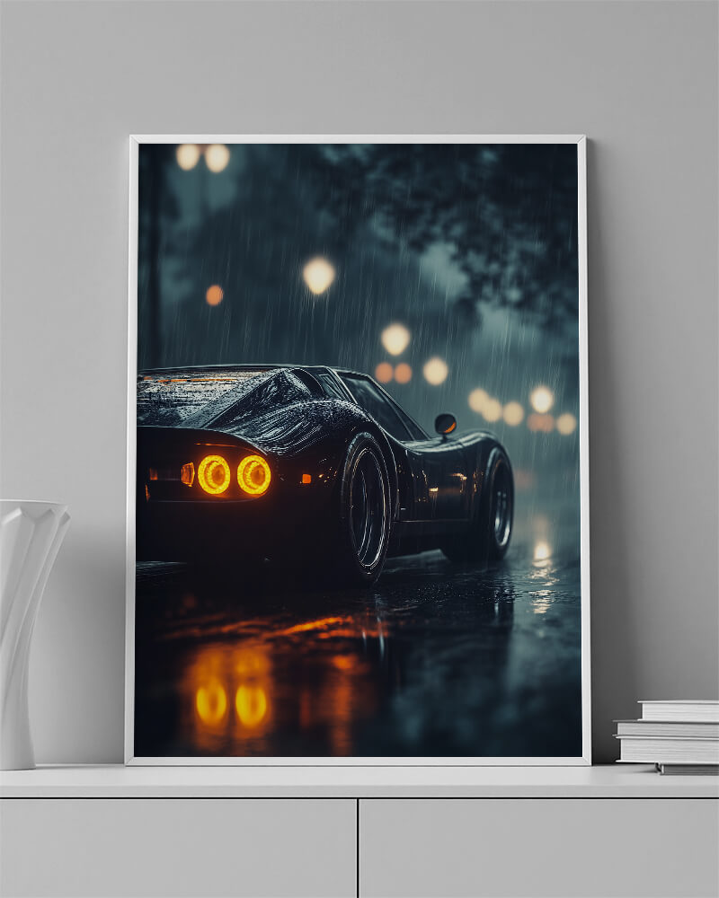 Ferrari 250 GTO wall art print at night in the rain
