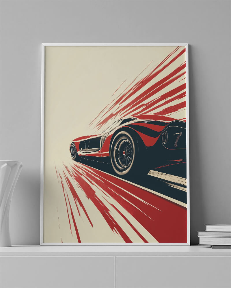 Ferrari 330 P4 wall art featuring a red vintage racing car in motion.