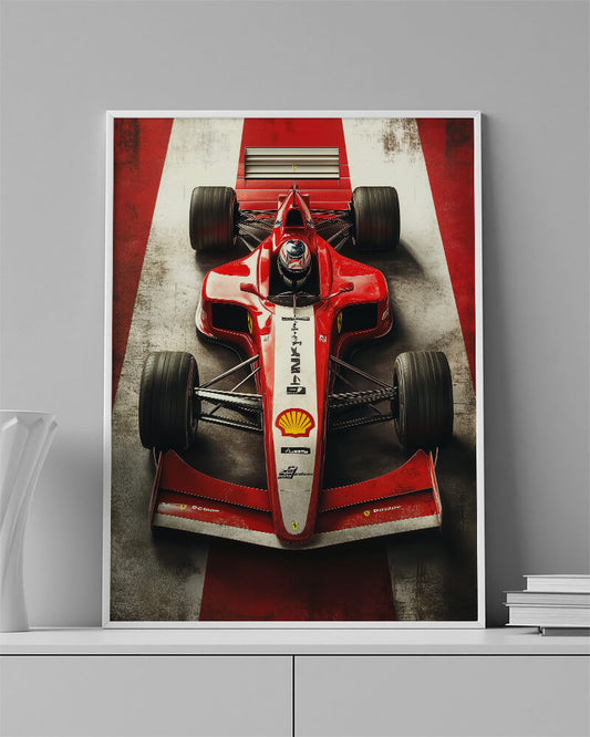 Ferrari F300 wall art featuring a red Formula 1 racing car from a dramatic front angle.
