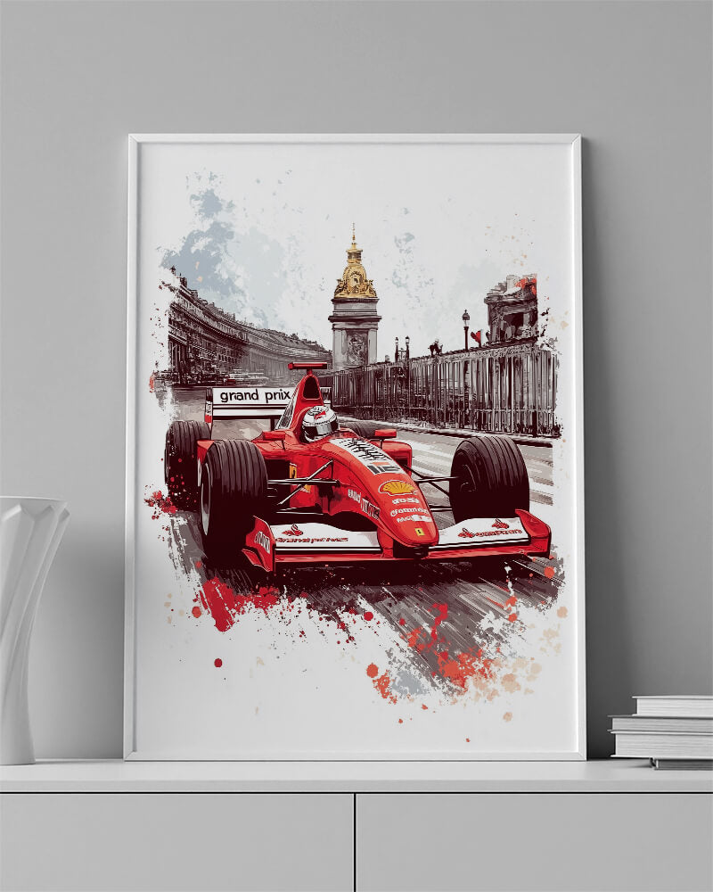 Ferrari F300 wall art featuring a red Formula 1 car racing through a historic city circuit.