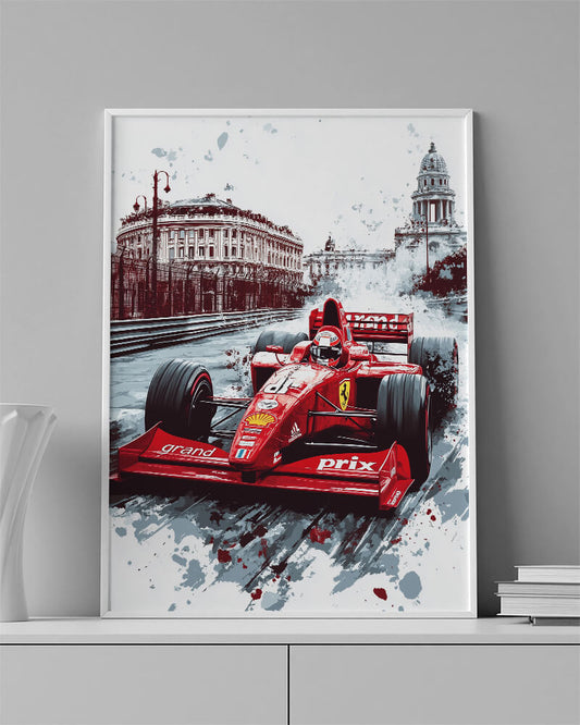 Ferrari F310B wall art featuring a red Formula 1 car racing through a cityscape.