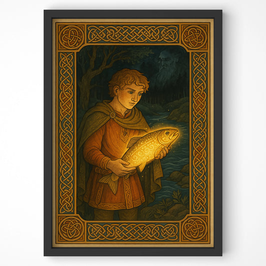 Detailed black-framed version of the print featuring Fionn holding the Salmon of Knowledge in a forest scene.