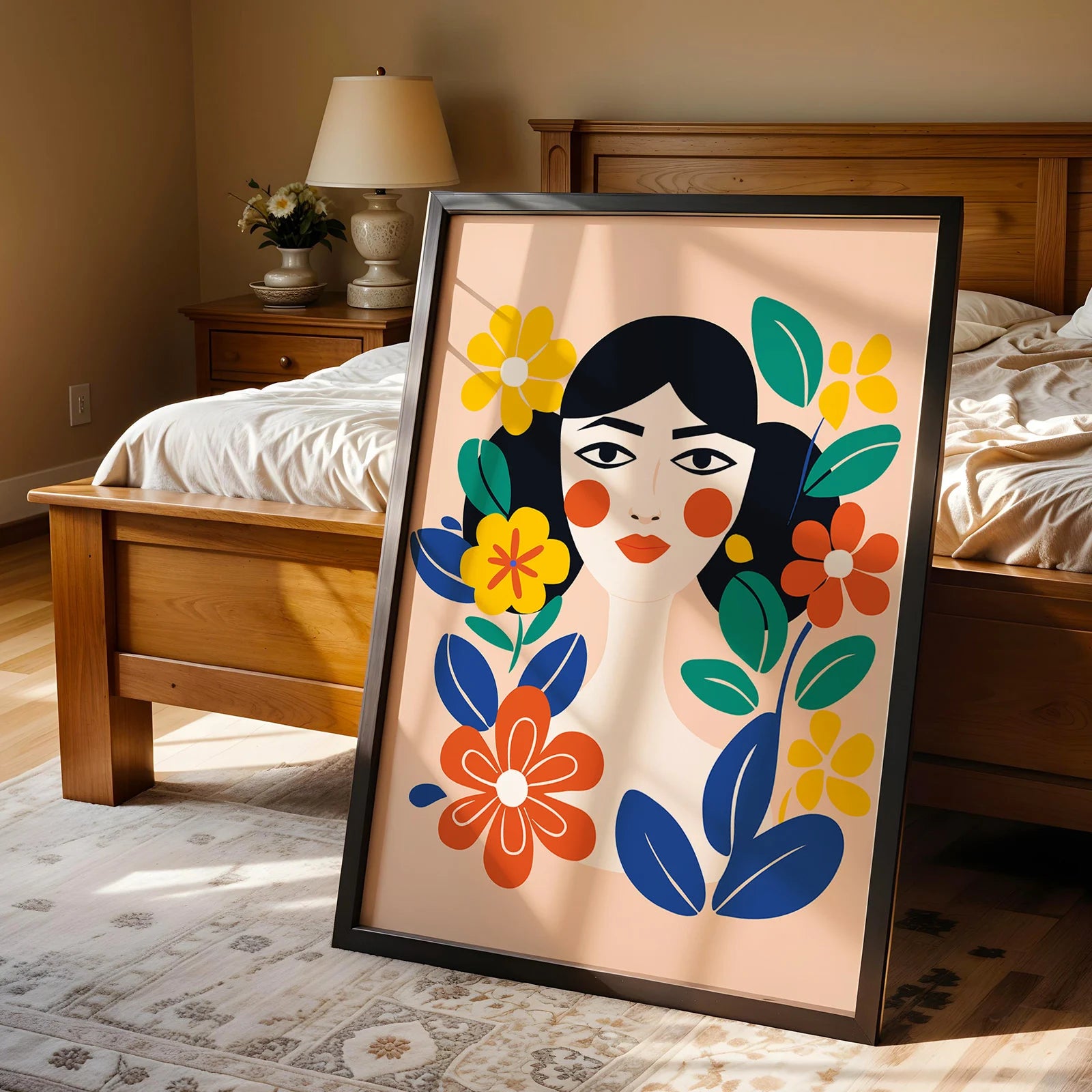 Graphic art print of a woman with a stylized floral composition.
