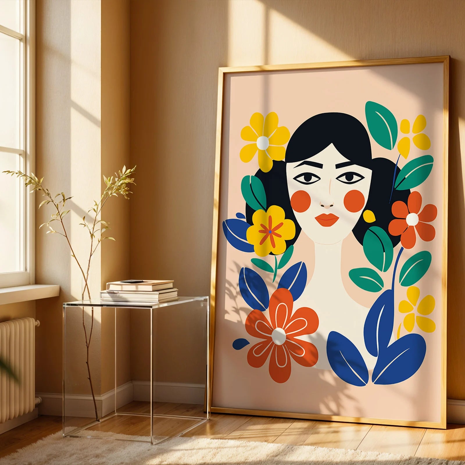 Modern botanical print featuring a woman's face and bright flowers.
