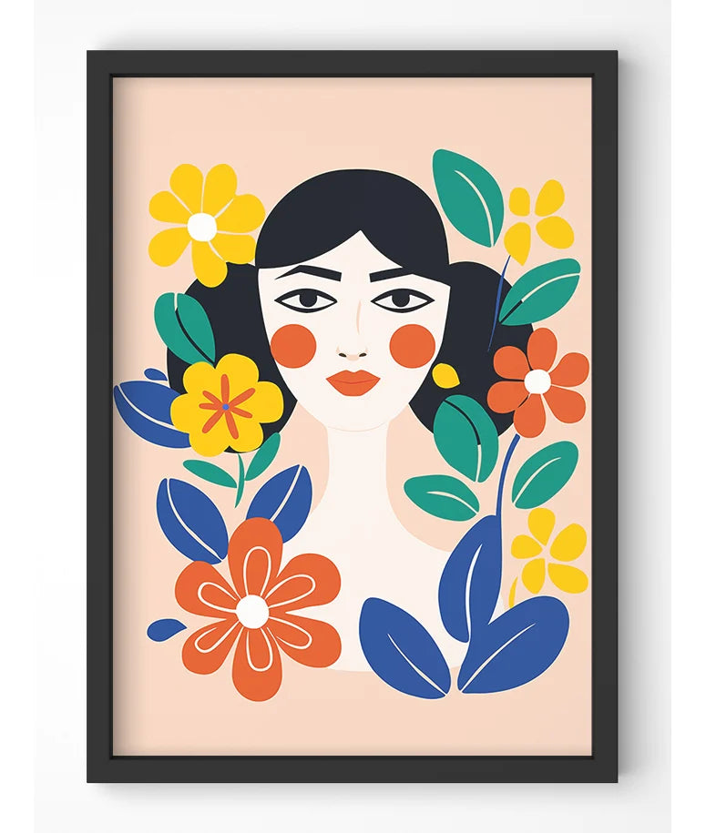 Stylized woman portrait with vibrant floral elements.
