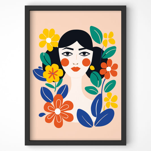 Stylized woman portrait with vibrant floral elements.
