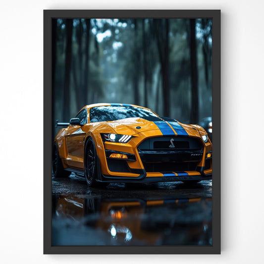 Ford Mustang Shelby GT500 poster, framed in a sleek black frame hanging on wall.