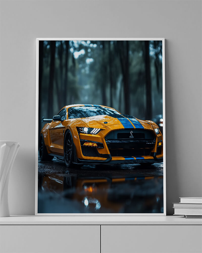 Ford Mustang Shelby GT500 wall art featuring an orange muscle car on a wet road.