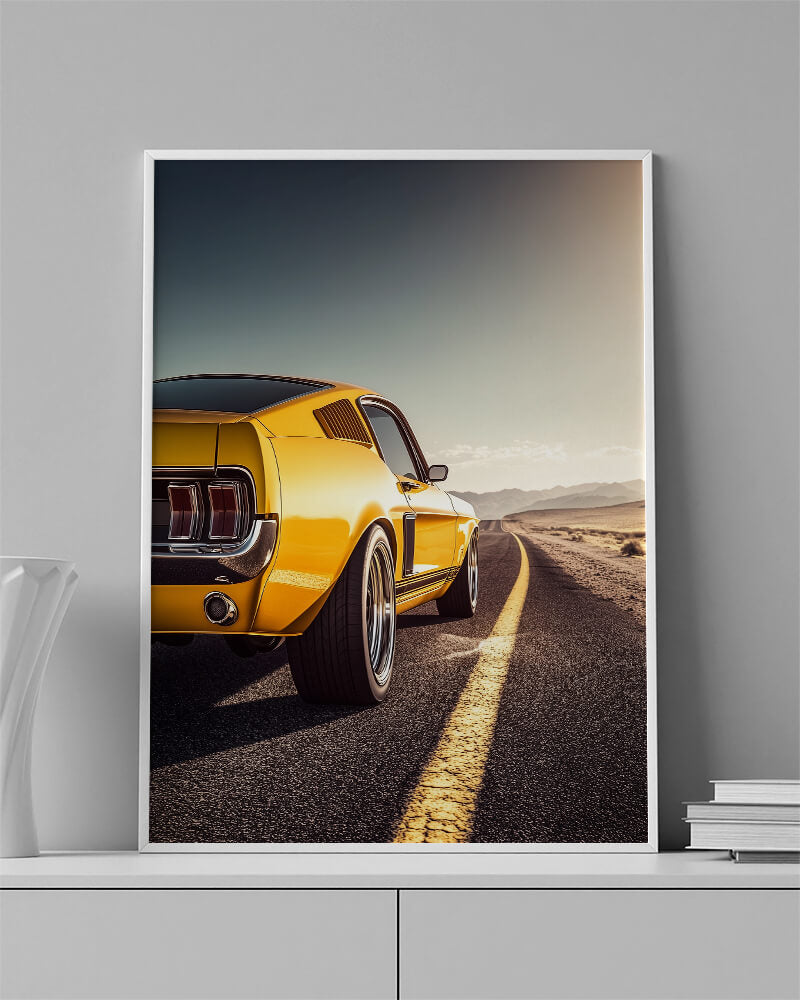 Ford Mustang wall art featuring a classic muscle car on a desert highway at sunset.