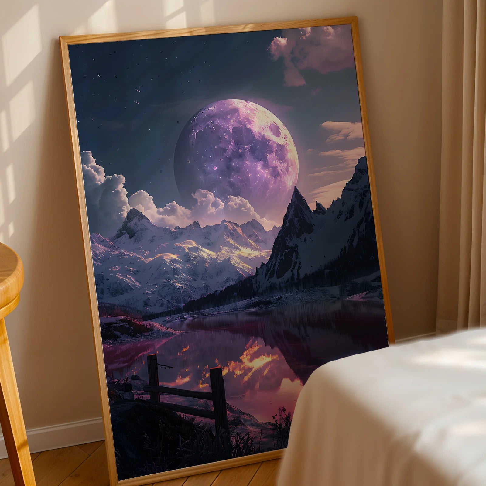 Serene landscape art print featuring a full moon and mountains.
